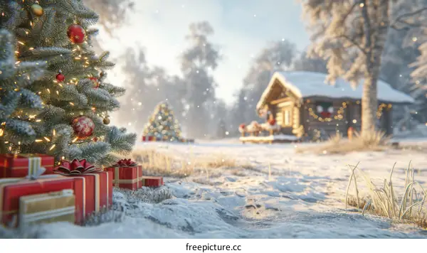 A snowy Christmas landscape with a cabin in the distance and a decorated Christmas tree in the foreground.