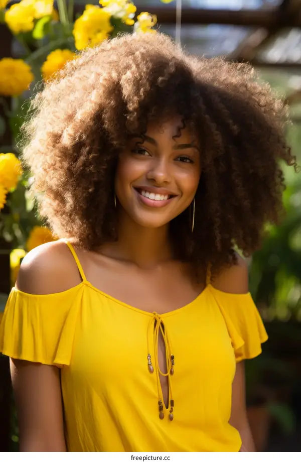 portrait of a smiling young woman with frizzy hair