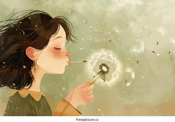 Girl Blowing Dandelion Seeds in the Wind