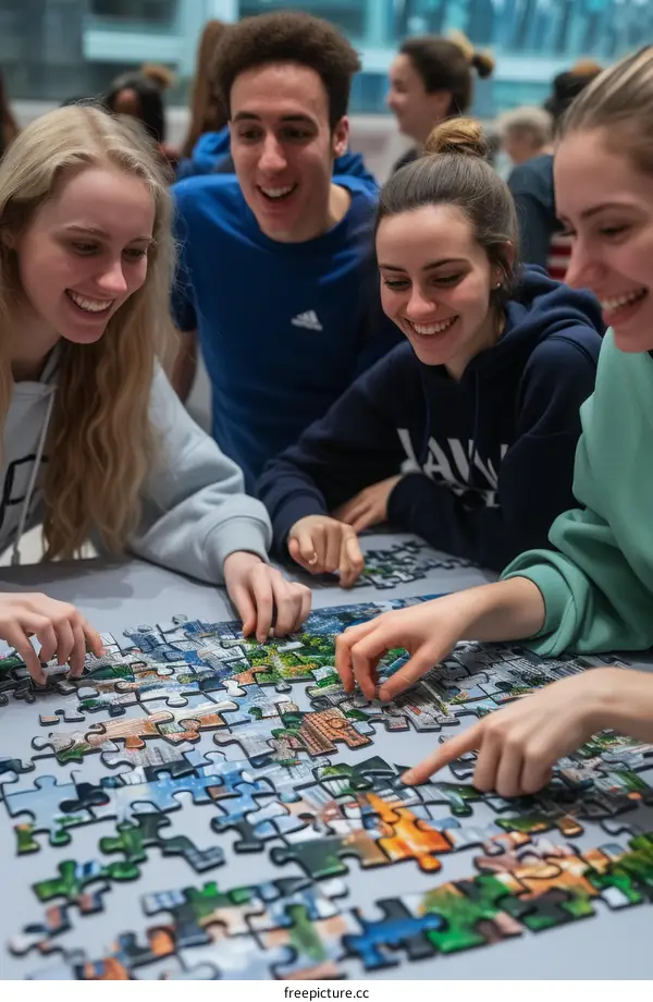 A group of young people are working together to put together a puzzle.