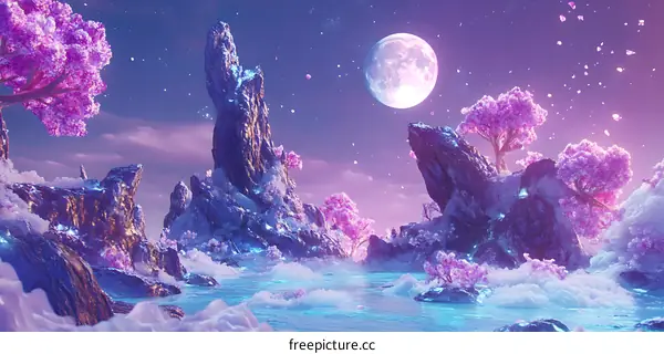Fantasy Landscape with Pink Trees and a Full Moon
