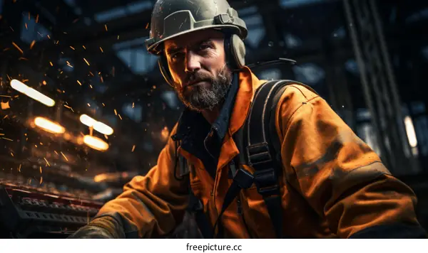 Bearded man in hardhat and protective gear looking at the camera