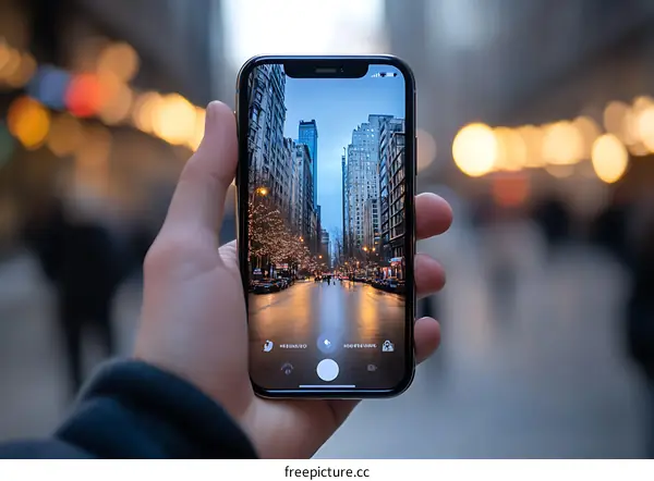 Hand Holding Phone Capturing City Skyline