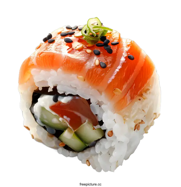 [Transparent Background PNG]Sushi roll with salmon, cucumber, cream cheese, and sesame seeds