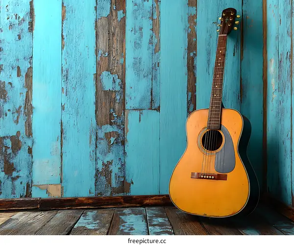 Vintage Acoustic Guitar Against Teal Wood Paneling