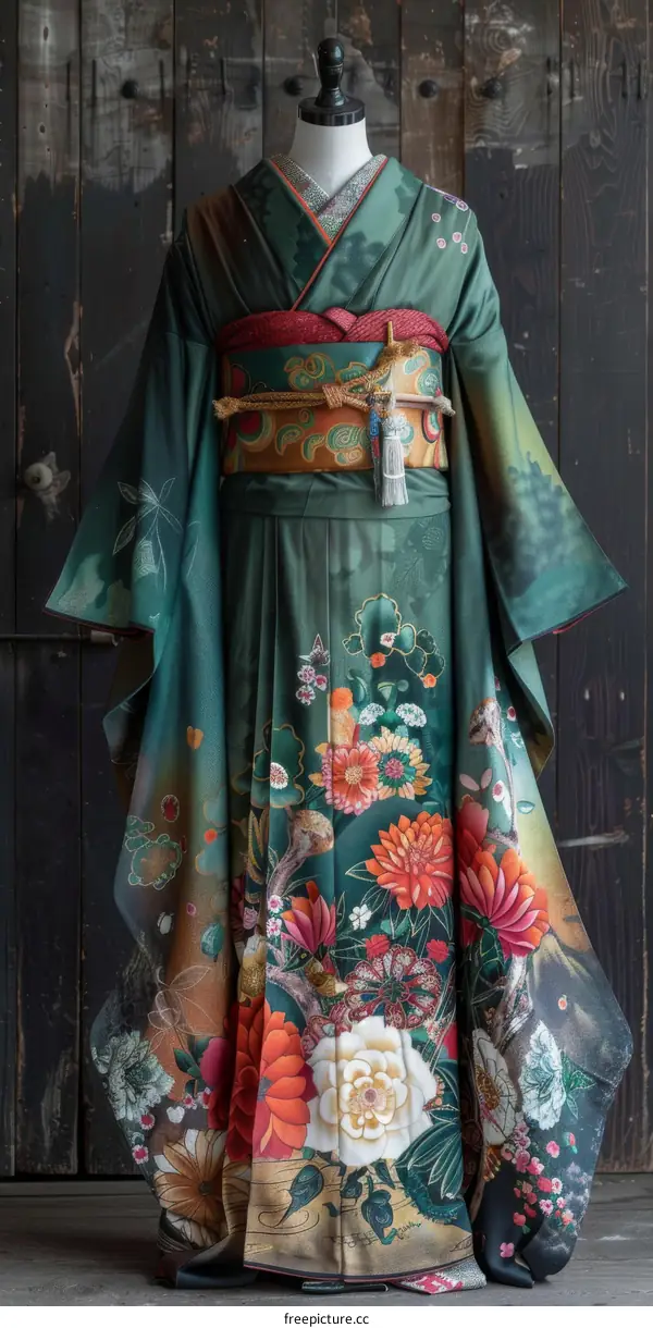 A woman wearing a green kimono with a floral pattern