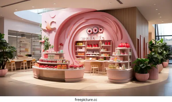 Pink colorful cartoon grocery store interior