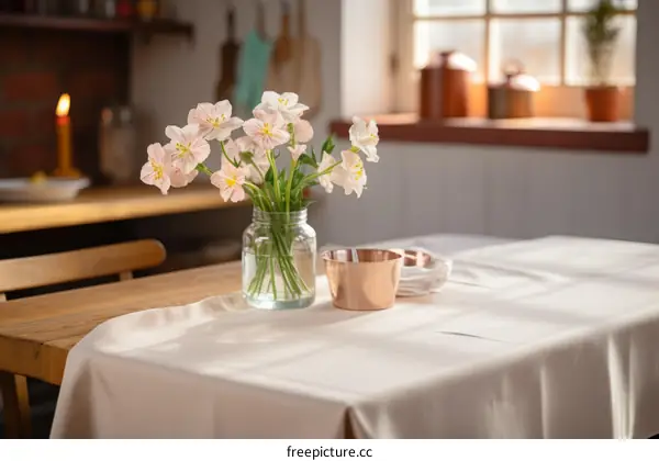 A Still Life of Flowers in a Glass Vase on a Wooden Table