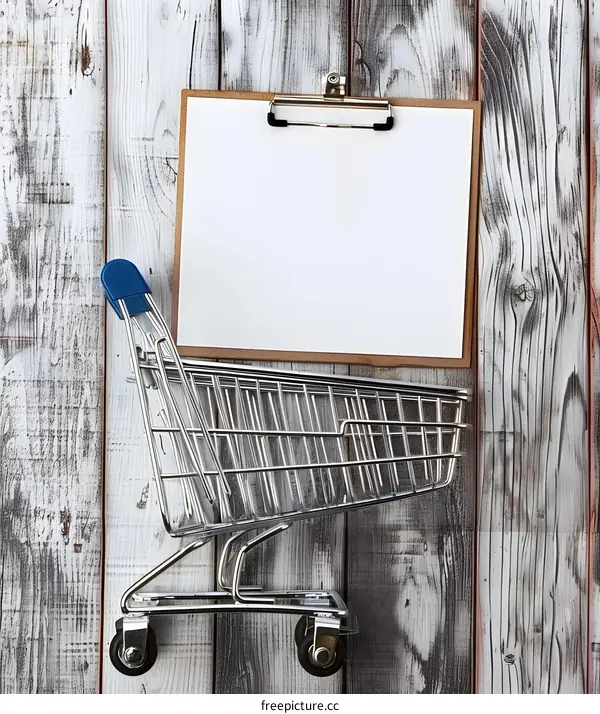 Shopping Cart and Clipboard on Wooden Background
