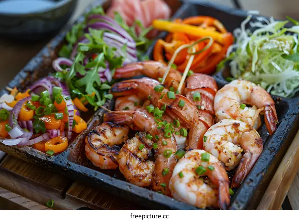 Grilled Shrimp with Vegetables and Salad