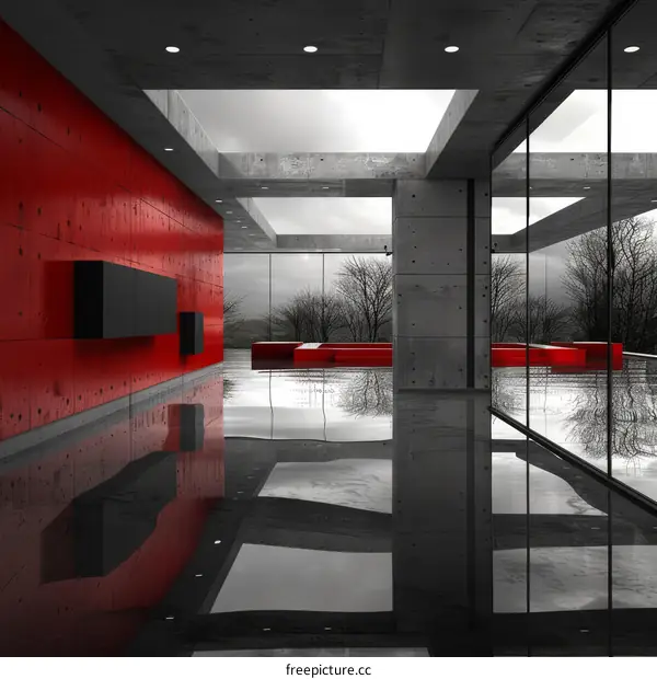 Modern architecture house interior with red wall and concrete structure
