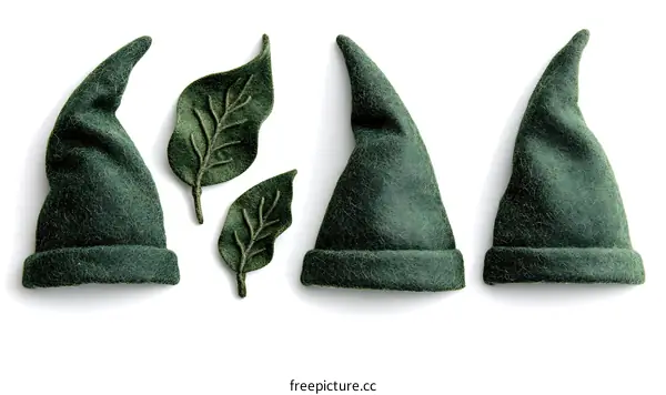Three Dark Green Felt Hats with Leaf Accents