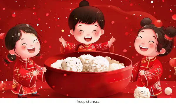 Three happy Chinese children celebrating the Lantern Festival