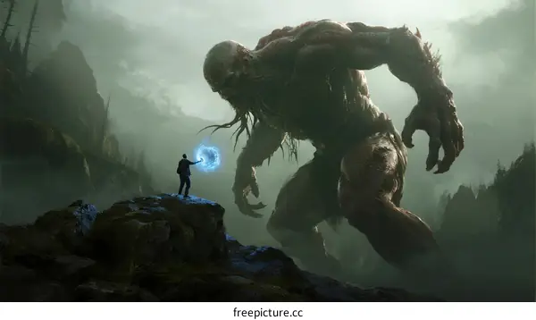 A lone figure confronts a massive, grotesque giant in a misty mountain landscape