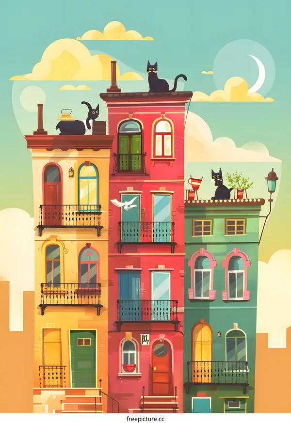 Colorful Buildings with Cats on the Rooftops Illustration