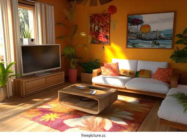 Tropical Living Room Interior Design With Sofa and TV