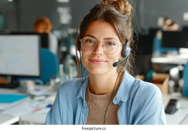 Businesswoman Wearing Headset and Glasses in Office Setting