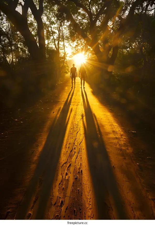 Two People Walking Through a Forest Towards the Sunset
