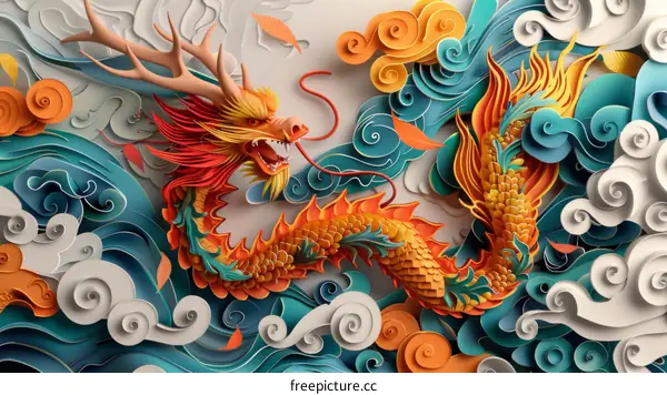 A Chinese dragon made of paper cutouts