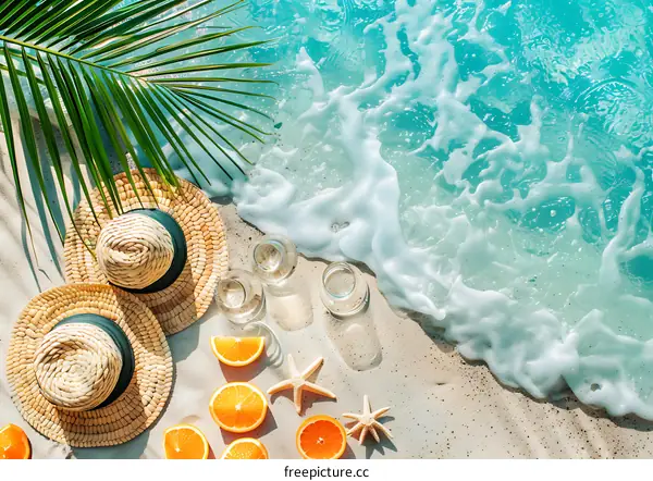 Beach Summer Vacation Accessories  Tropical Straw Hats Sea Shells and Oranges