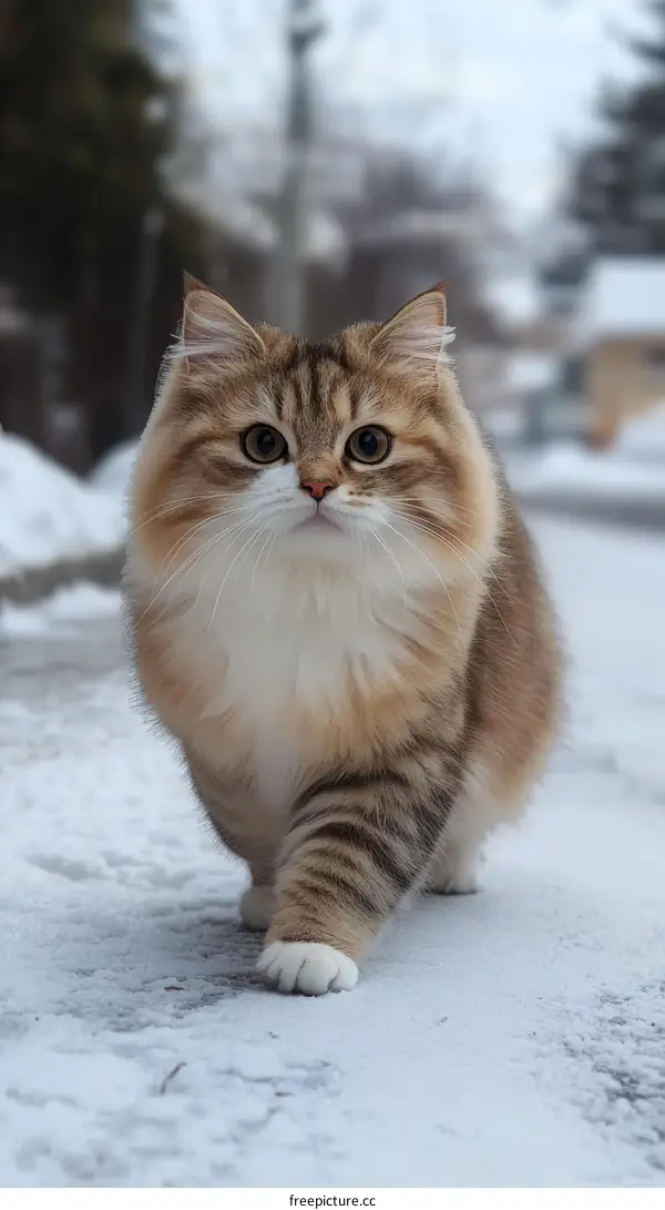 Cute Fluffy Cat Walking on Snow