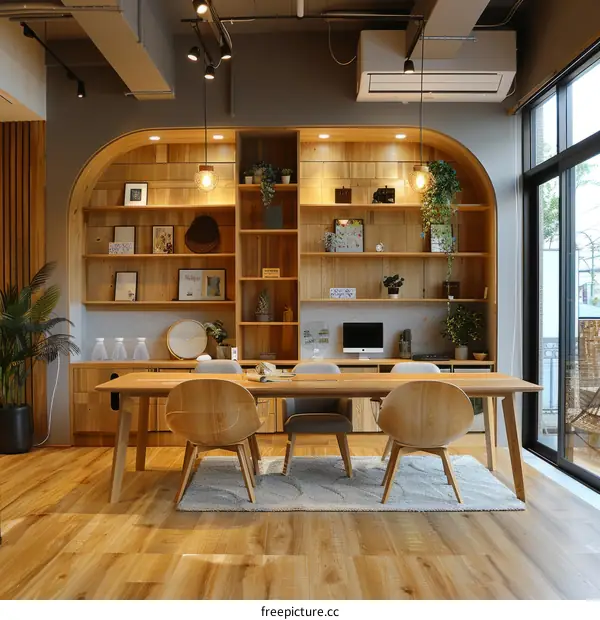 office interior design with wooden furniture and plants