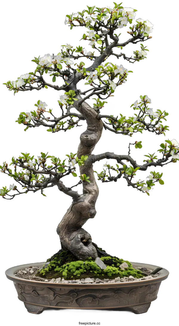 [Transparent Background PNG]A photo of a bonsai tree in a pot with white flowers