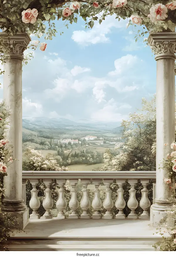 Scenic View From A Balcony With Pink Roses