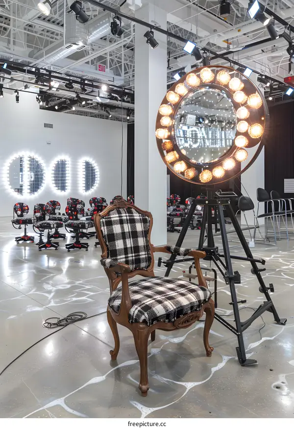 Vintage Chair with Light Bulbs Mirror in a Room