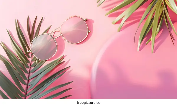 Pink Sunglasses with Palm Leaves on a Pink Background