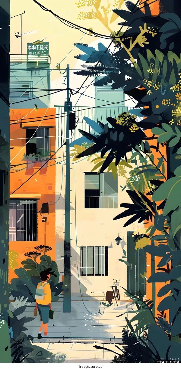 Colorful Illustration of a Street Scene with a Person Walking