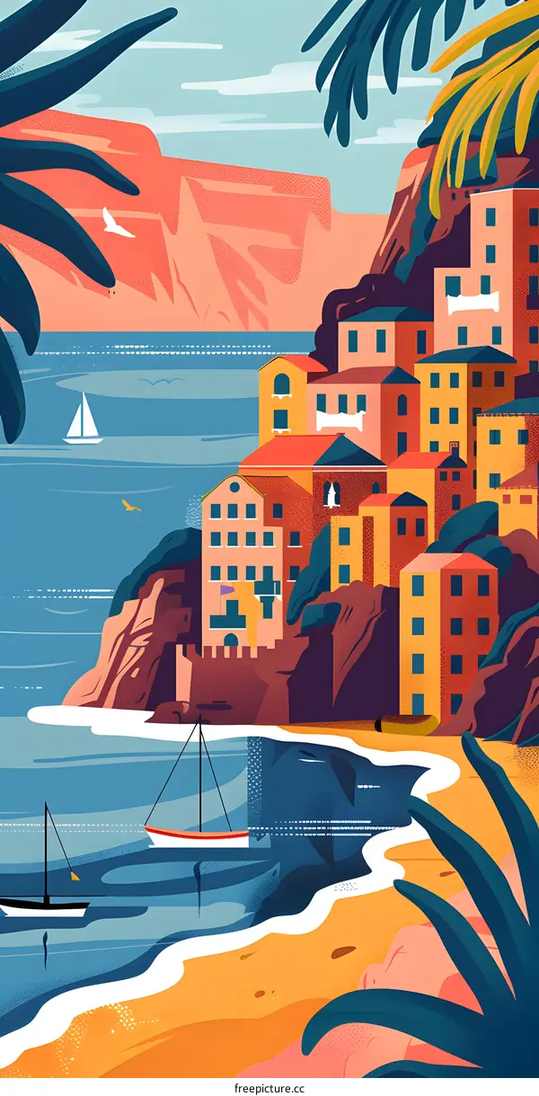 Colorful Illustration of a Beach Town with Buildings and Boats