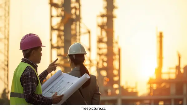 Two engineers in hard hats discuss plans in front of an oil refinery