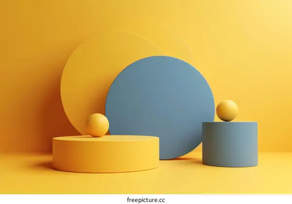 Blue and yellow 3D podiums with spheres