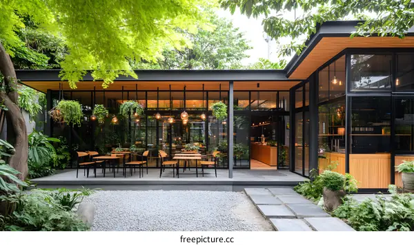 Modern Glass and Wood Cafe Building Exterior With Greenery