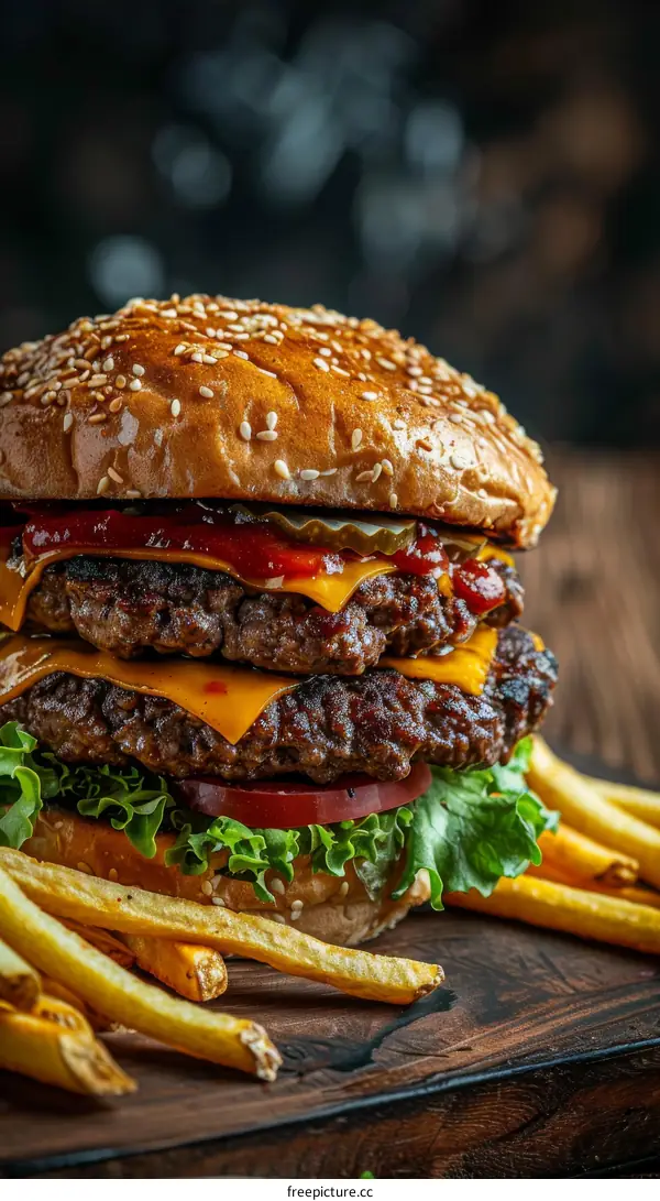 A delicious double cheeseburger with fries