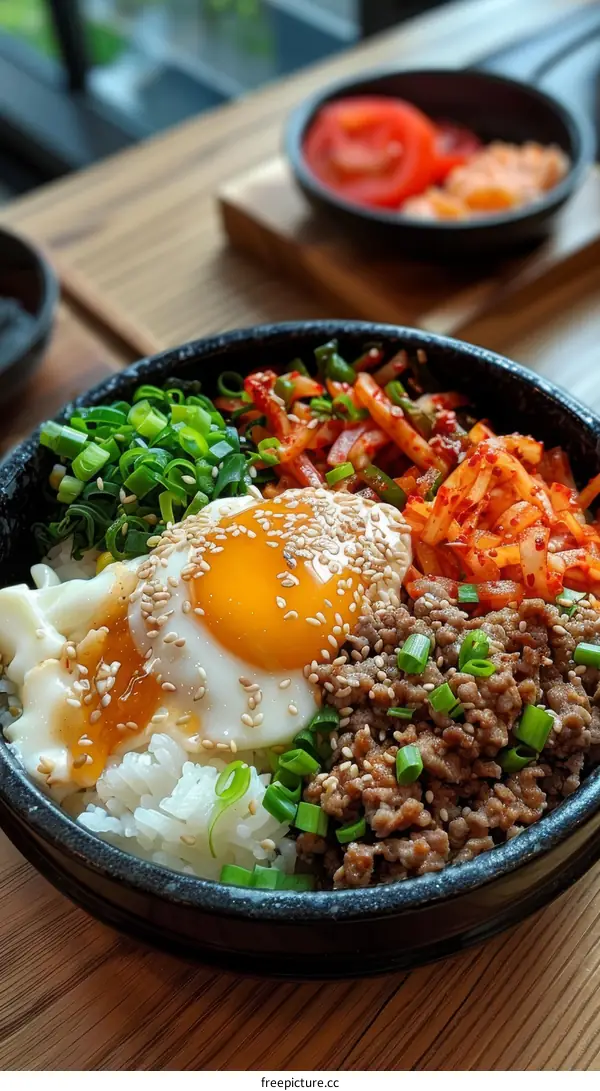 Korean Bibimbap with Rice, Beef, Egg, and Vegetables