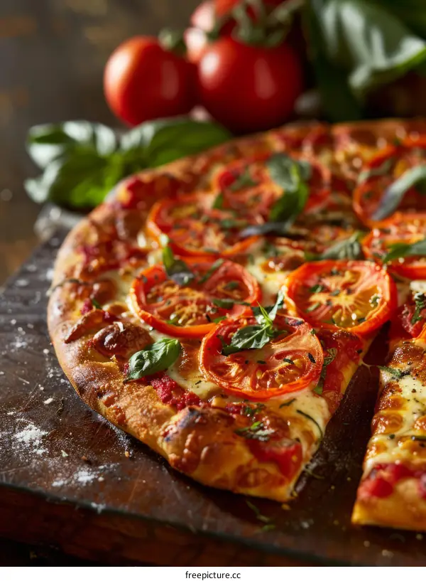 Close-up of a delicious pizza with fresh tomatoes and basil