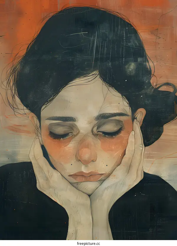 A painting of a woman with her eyes closed and her hands supporting her head