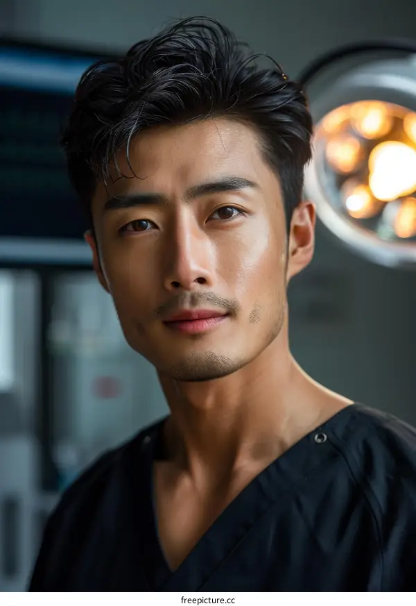 Portrait of a handsome young Asian doctor in scrubs