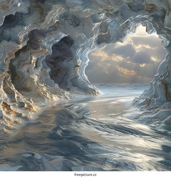 Enigmatic Ice Cave Aflame with Bioluminescence and a Distant Ocean Glimpse