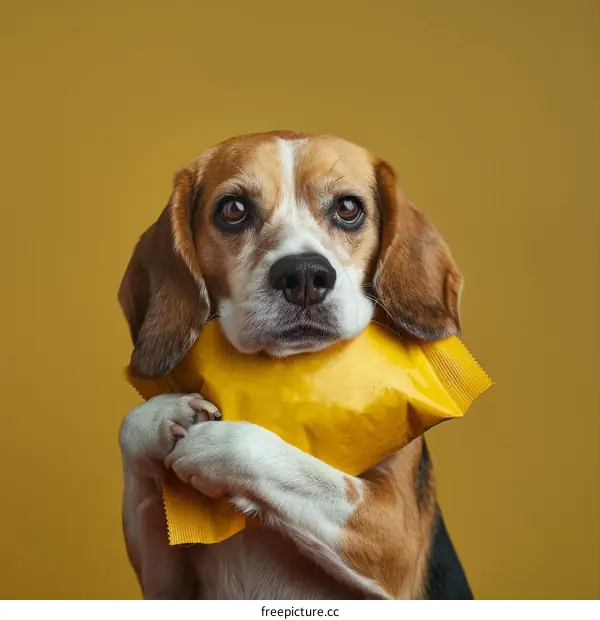 Cute Beagle Dog Holding Yellow Treat