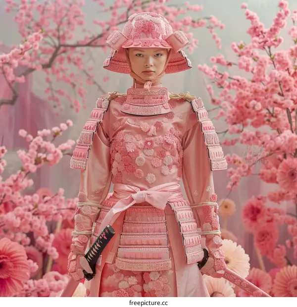 A Pink Samurai Stands in a Field of Cherry Blossoms