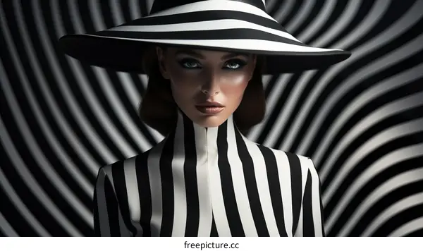 Black and white portrait of a woman wearing a striped hat and suit