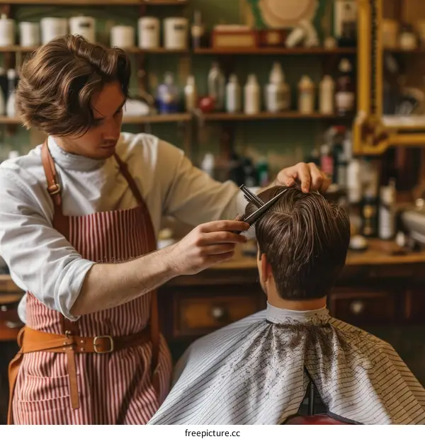 Barber giving a man a haircut in a barbershop