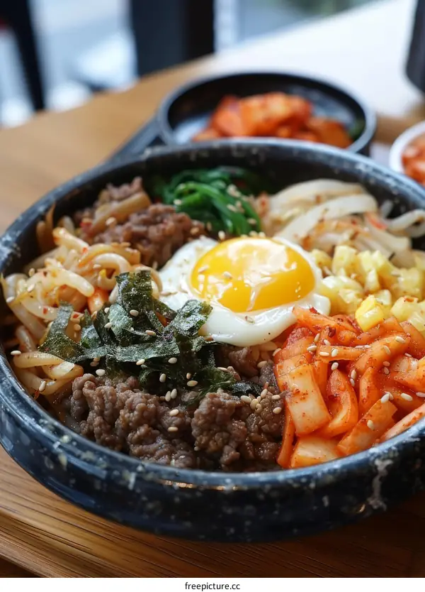 Korean food dolsot bibimbap with egg and vegetables