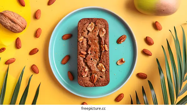 Homemade Banana Bread with Almonds and Pecans on a Blue Plate