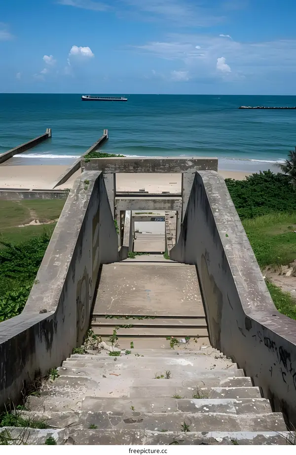 Concrete Staircase Leading to a Beach with a Ship in the Distance