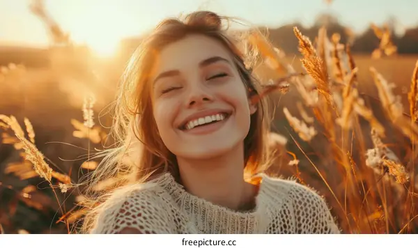 A Happy Woman Outdoors in Golden Light