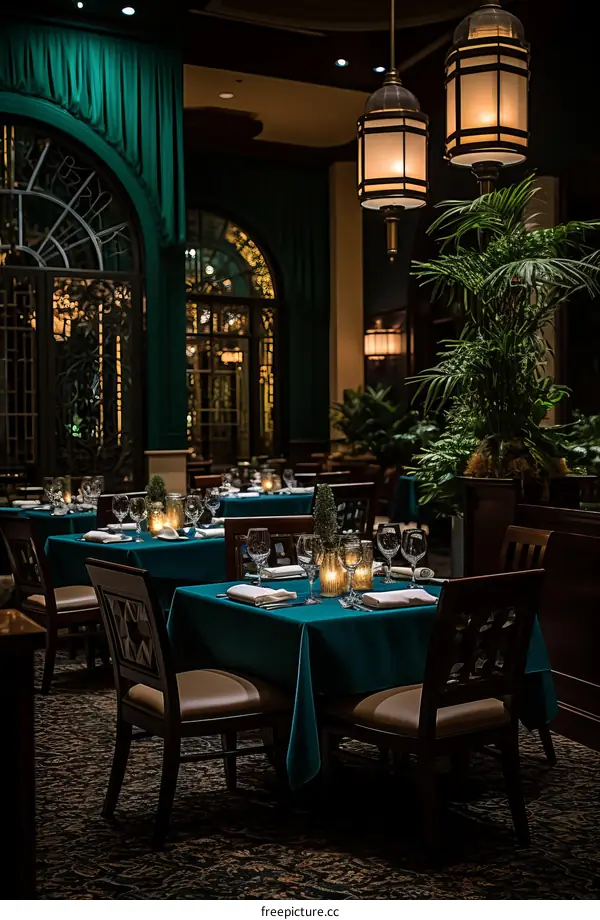 Elegant restaurant interior with green tablecloths and dim lighting